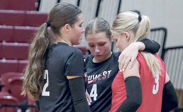 The Arnold sisters have been making an impact on Northwest volleyball since arriving on campus in August. The sisters are pictured here taking a moment to talk before a set during a scrimmage against Miles Community College on Aug. 21. From left: Lexie, Rylee and Shilah Arnold.
Tribune photo by Seth Romsa