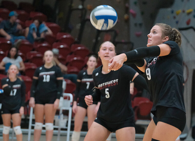 Natalee Hayder (right) passes a ball during a preseason scrimmage for the Trappers. Northwest went 4-0 in Gillette and head to Cheyenne for another tournament this weekend.
Tribune photo by Seth Romsa