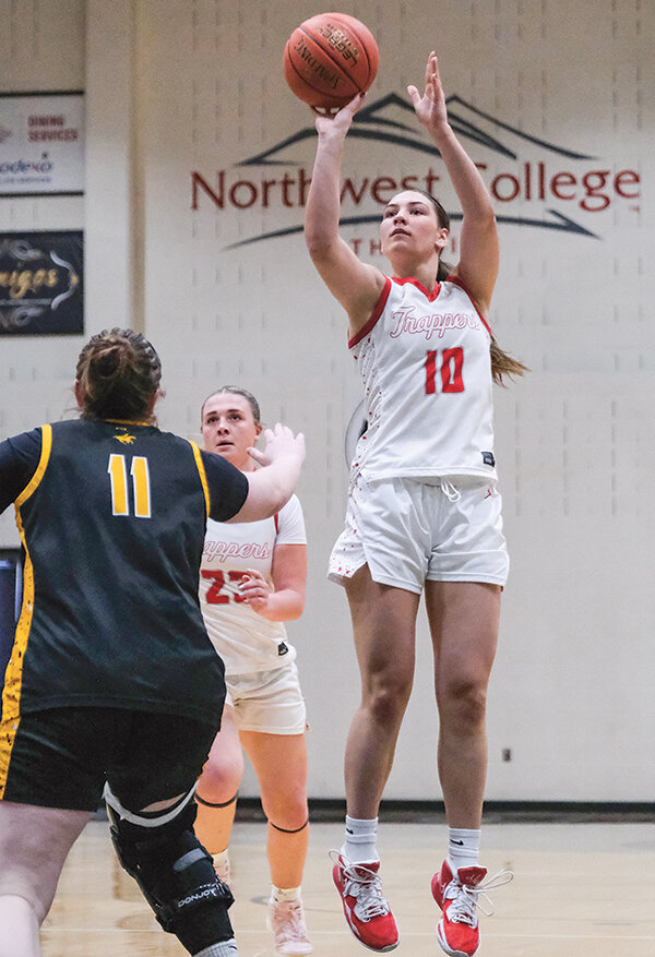 Addison Hickey pulls up for a jump shot against Eastern Wyoming on Saturday. She had 20 points as the Trappers pulled away in the fourth quarter to earn a 20-point win.