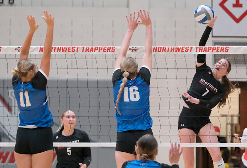 Vinaya Vanderploeg (right) goes for a kill in a preseason match against Miles Community College. The Trappers went 1-3 in Cheyenne and fell to the Pioneers on the road Tuesday night in a difficult week of action.
Tribune photo by Seth Romsa