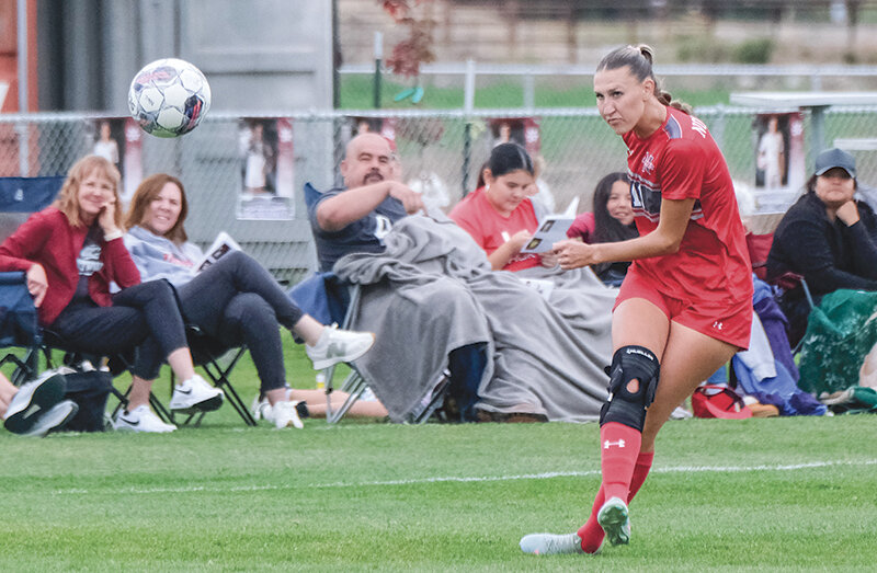 Riley Noles launches in a free kick during the final home game of the season for the Trappers. Noles is one of several sophomores who will not return to the Trappers as Northwest&rsquo;s season came to a close in Riverton on Saturday.